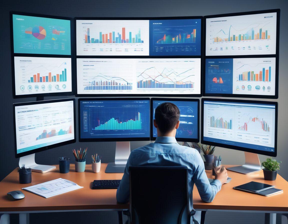 A modern digital workspace with multiple screens displaying charts, graphs, and financial metrics. A person is sitting at a desk, focused, surrounded by icons representing various online income streams like affiliate marketing, freelancing, and e-commerce. Background contains subtle futuristic elements representing technology and innovation. super-realistic. vibrant colors.