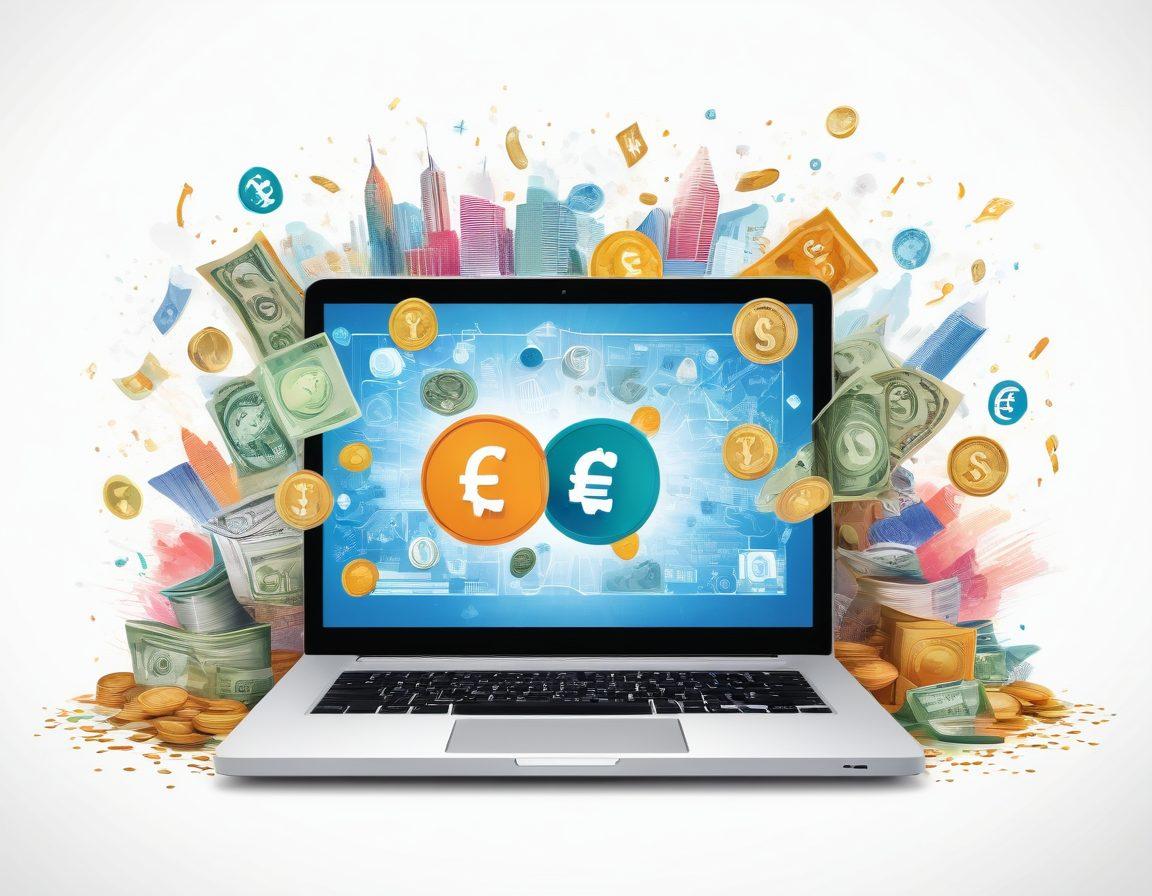 A vibrant and dynamic image showcasing a laptop with multiple currency symbols ($, €, £, ¥) flowing out of the screen, surrounded by icons of financial aid (scholarship scroll, grants, coins, and a piggy bank). The background should include a digital cityscape to signify the online aspect. vector art. vibrant colors. white background.