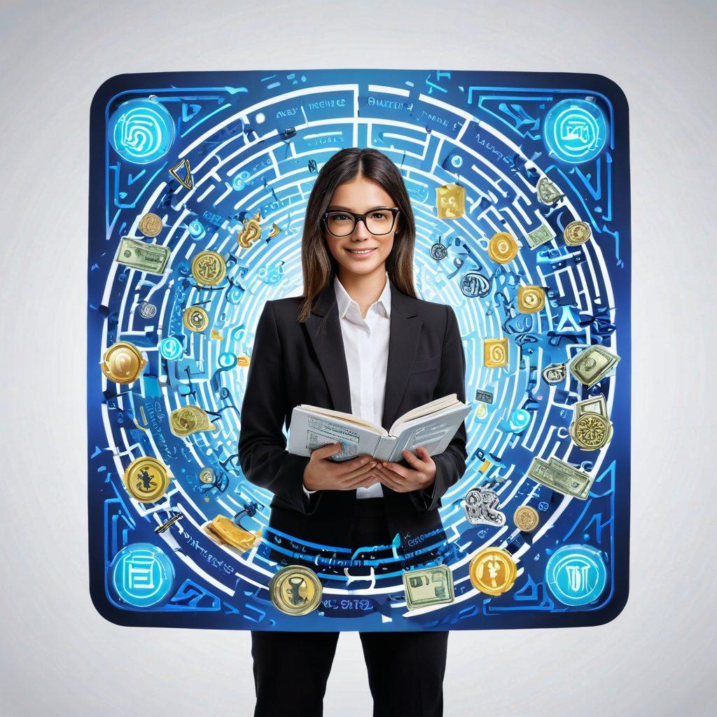 A confident individual successfully navigating through a complex digital labyrinth of financial data, with symbols of money and assistance services floating around. The person is holding a bright guidebook titled 'Proven Techniques'. Reflect a sense of achievement and security, with futuristic, sleek digital elements glowing softly. super-realistic. vibrant colors. white background.
